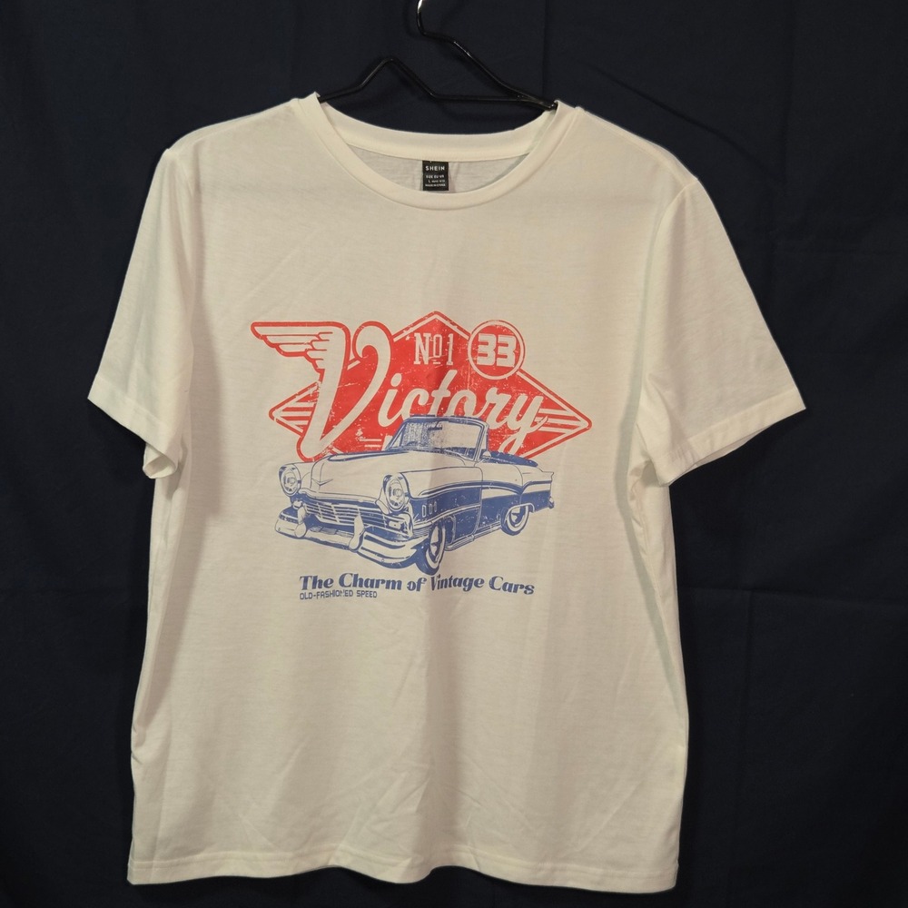 SHEIN T-Shirt Womens L White Vintage Car Victory Graphic Short Sleeve Tee